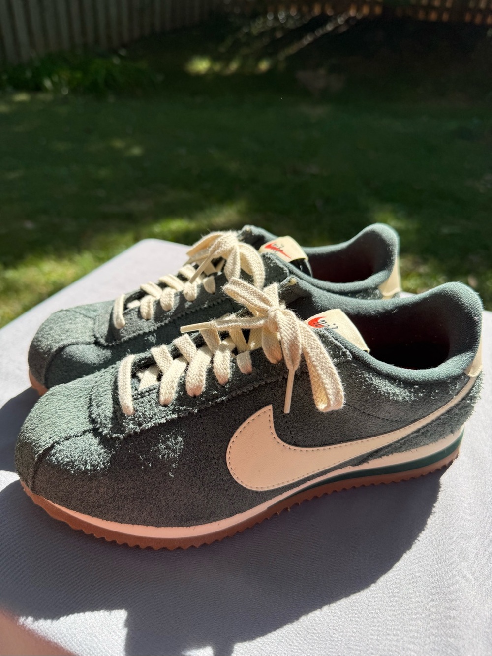 Nike Women’s Cortez Green Suede Sneakers with Cream Swoosh 6.5